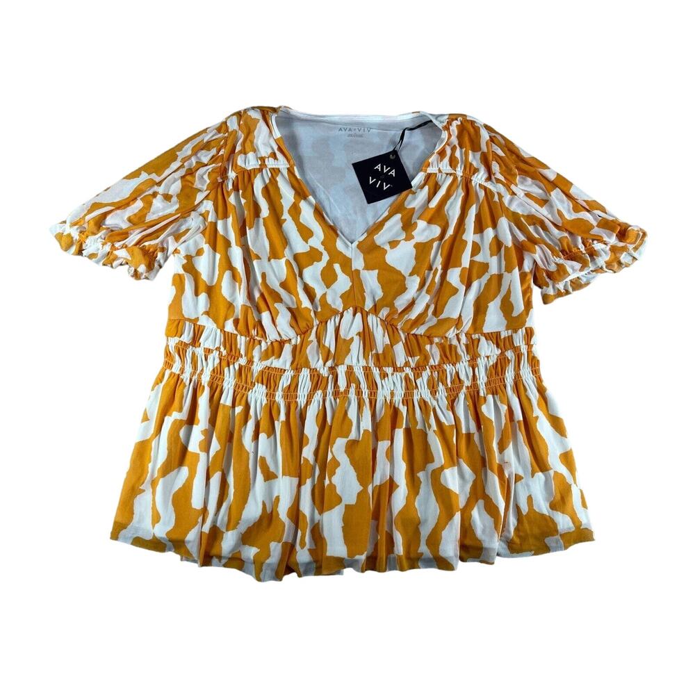 Ava & Viv Shirt Womens 2X Yellow White Stretch Geometric Tunic Plus Size NWT